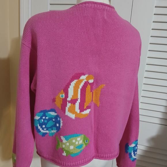 Vintage THYME Medium Ramie/cotton Hot Pink Cardigan TROPICAL FISH sweater - Picture 3 of 15